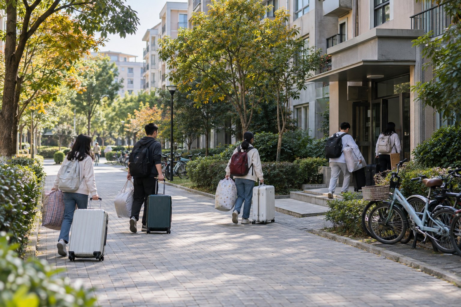 秋日清晨,大学生拖着行李走进由住宅小区改造的学生公寓
