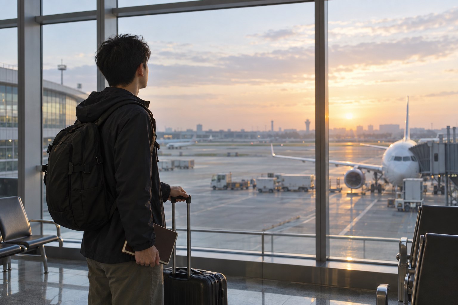 年轻男子背着旅行包、拉着行李箱,在清晨机场候机厅望向停机坪
