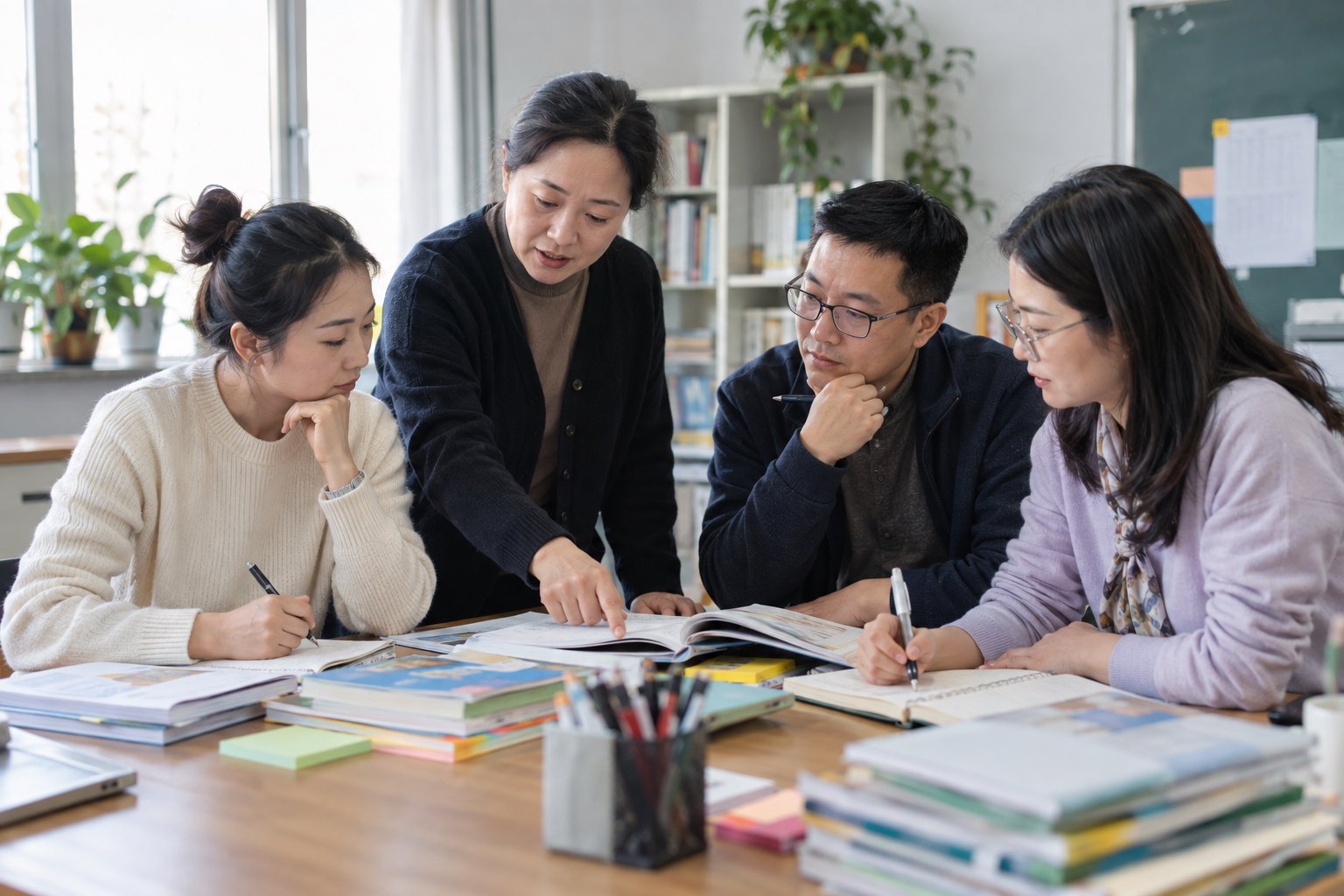 学校教研室内,多位教师围绕教材和教案开展集体备课