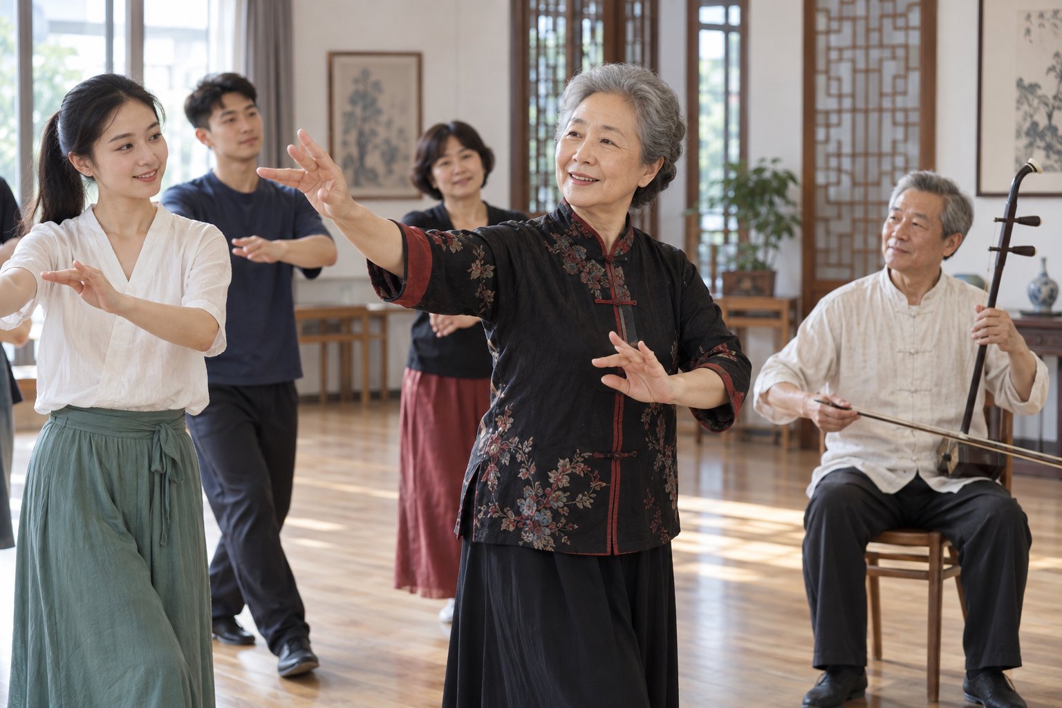 社区文化课堂上不同年龄的居民跟随老师学习舞蹈动作，旁边有人演奏二胡