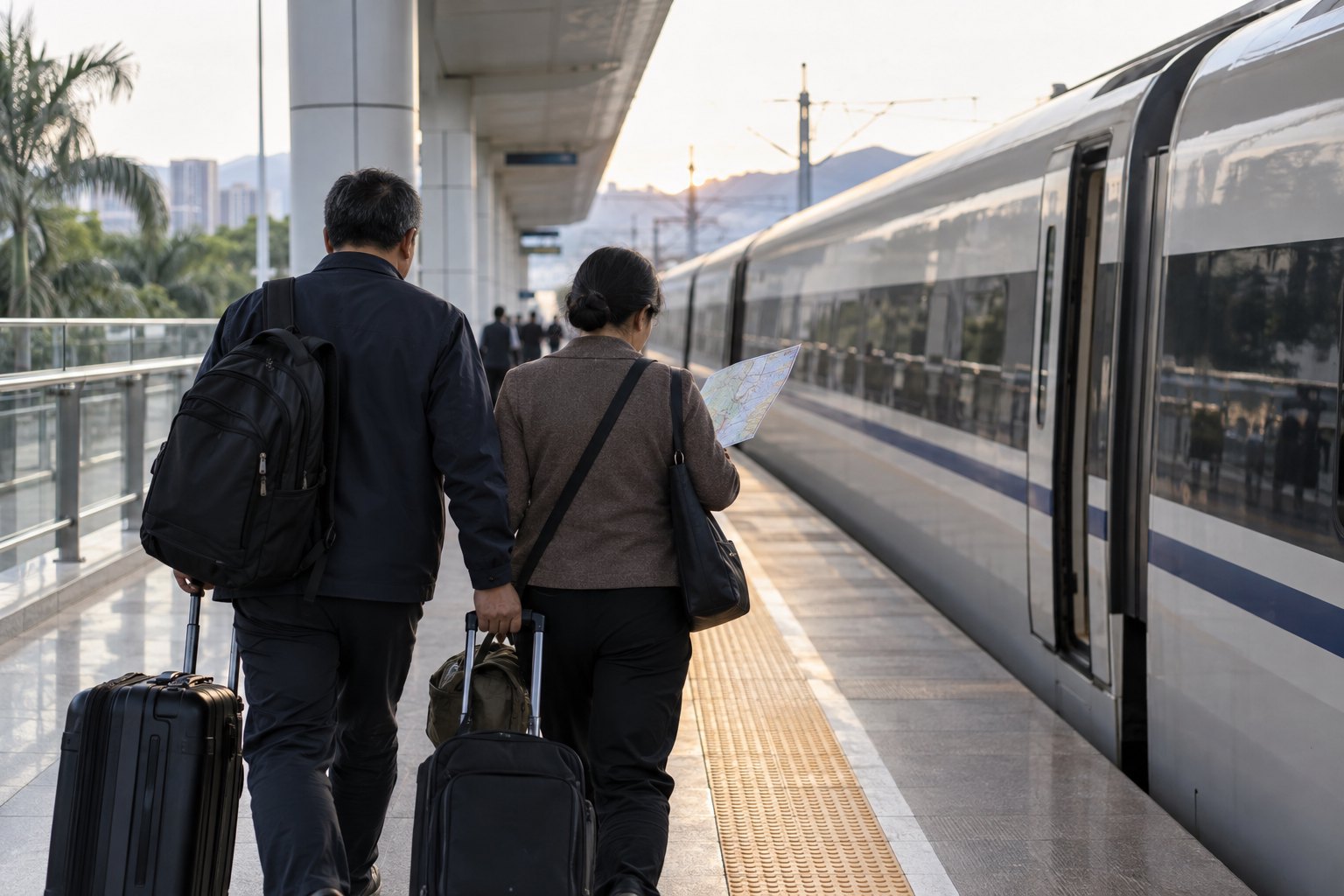 两名携带行李的中年人走在高铁站台上准备跨省出行