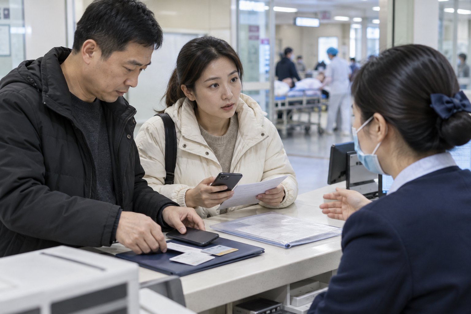 患者家属在医院服务窗口整理证件并咨询急诊手续