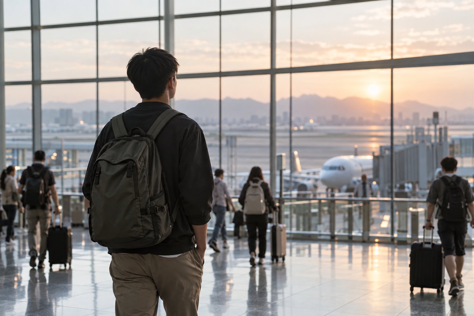 年轻男子背着旅行包站在清晨的机场候机大厅望向窗外