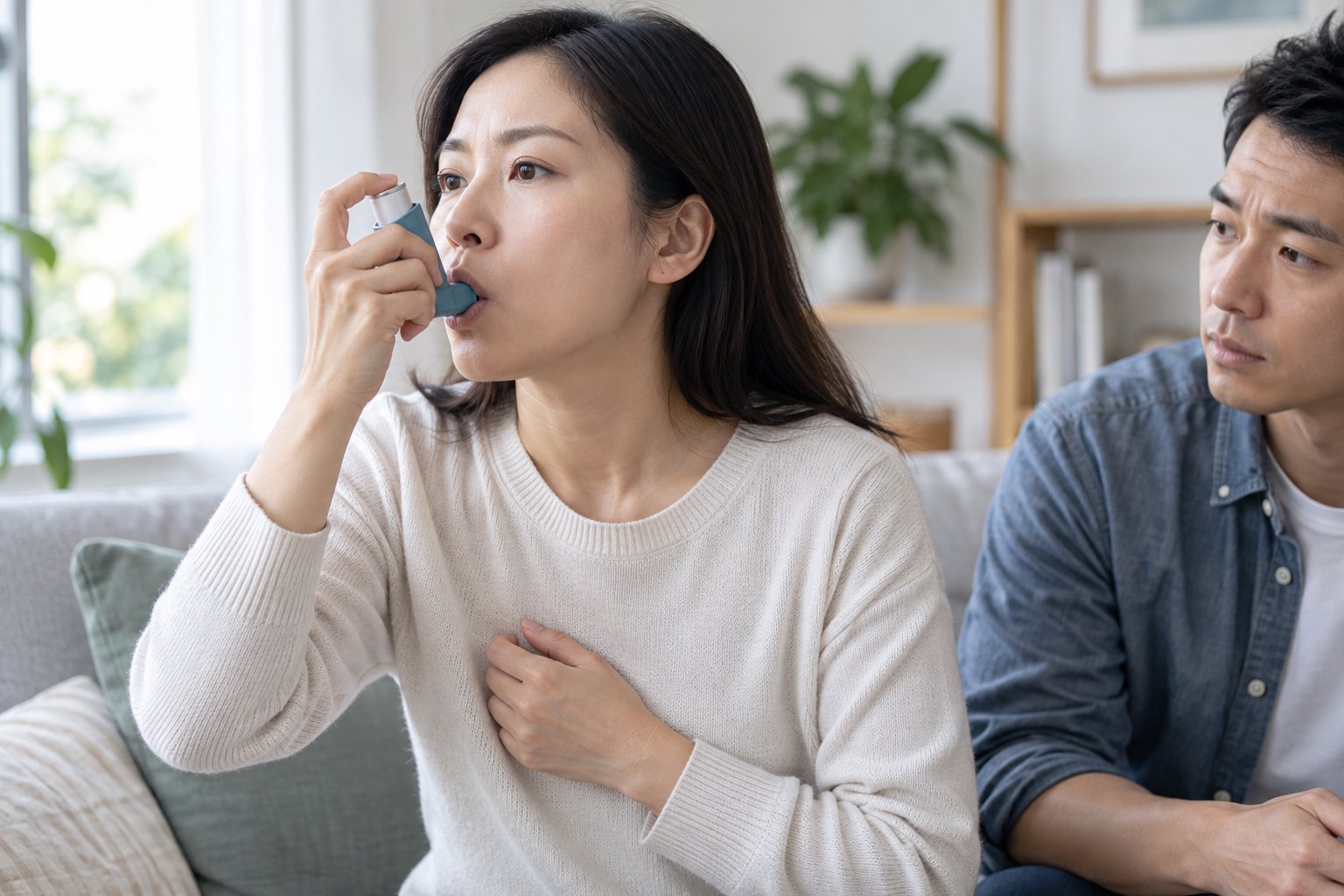 一名成年女性端坐使用无品牌吸入器，陪同者在旁观察