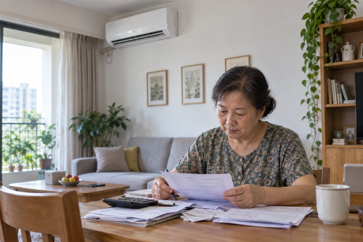 普通居民在装有空调的家中整理账单与生活资料