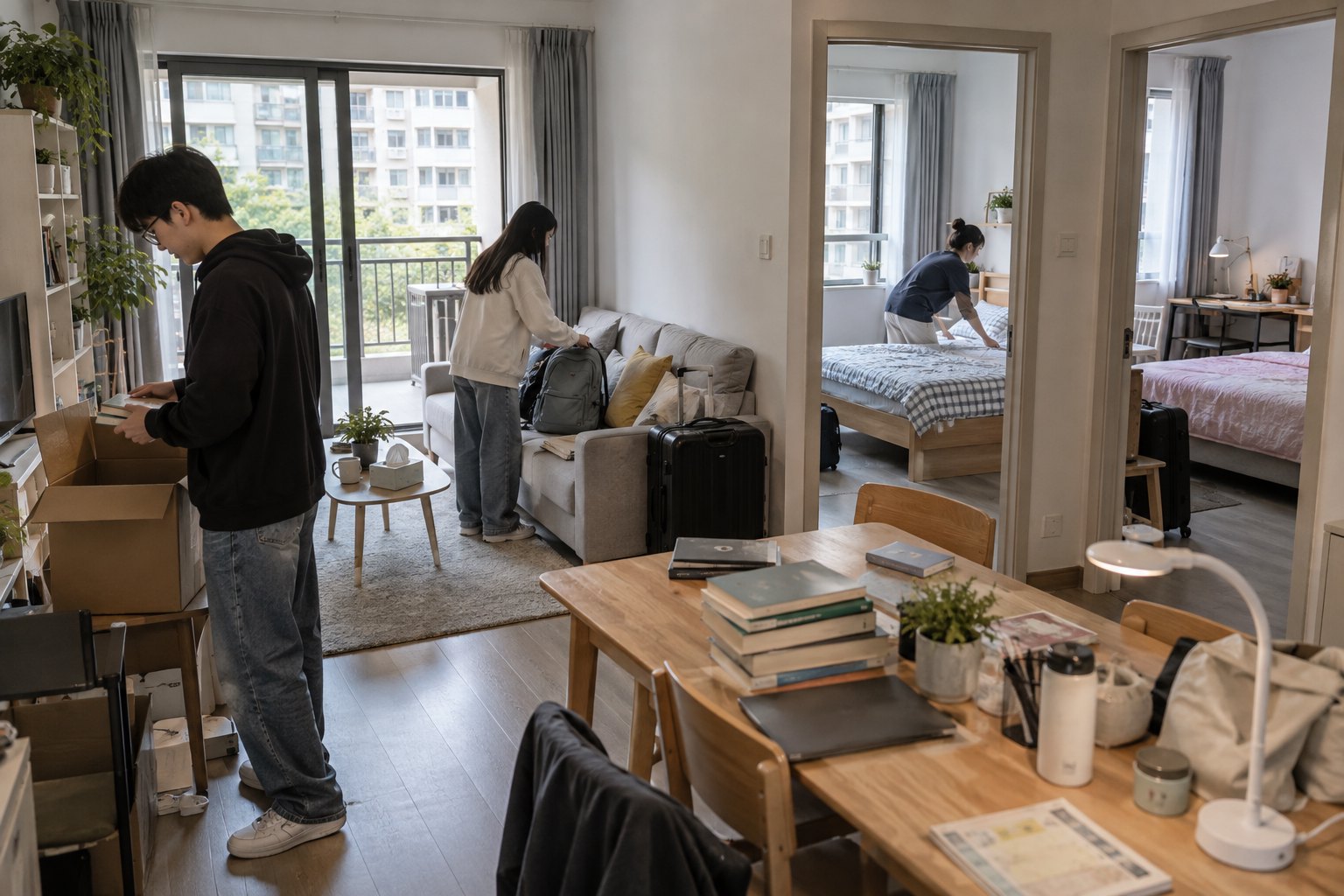 学生在住宅式公寓内整理床铺、书籍和个人行李