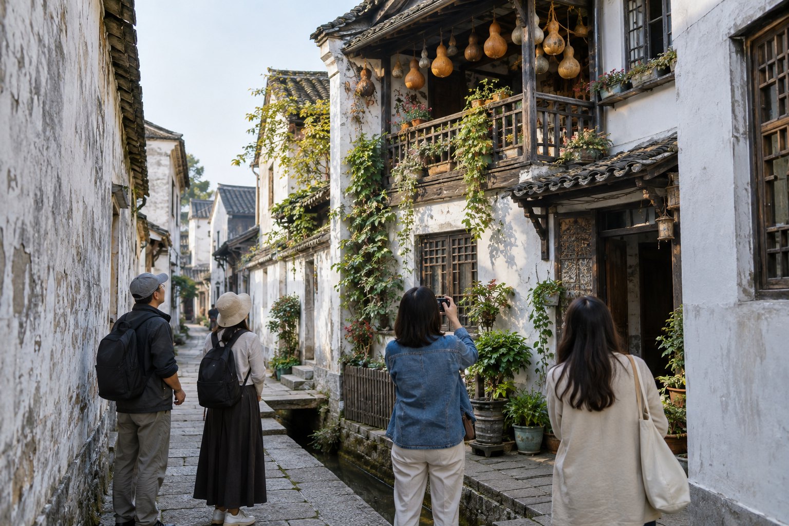 游客在江南老街与挂有葫芦的民居保持距离文明参观
