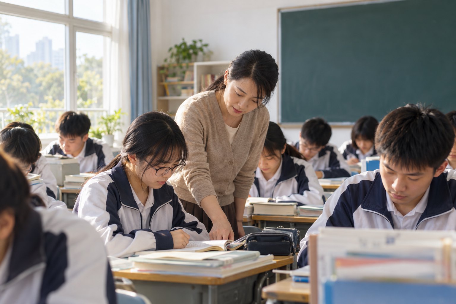 明亮教室里,一名教师俯身指导正在伏案学习的中学生
