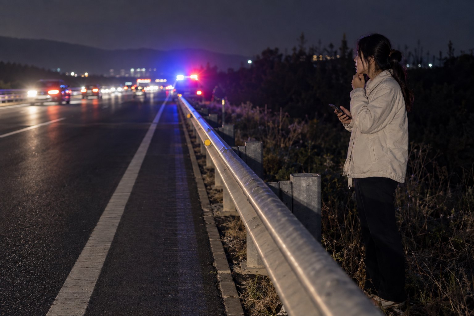 夜间高速公路上,一名女子站在护栏外手持手机等待远处救援车辆