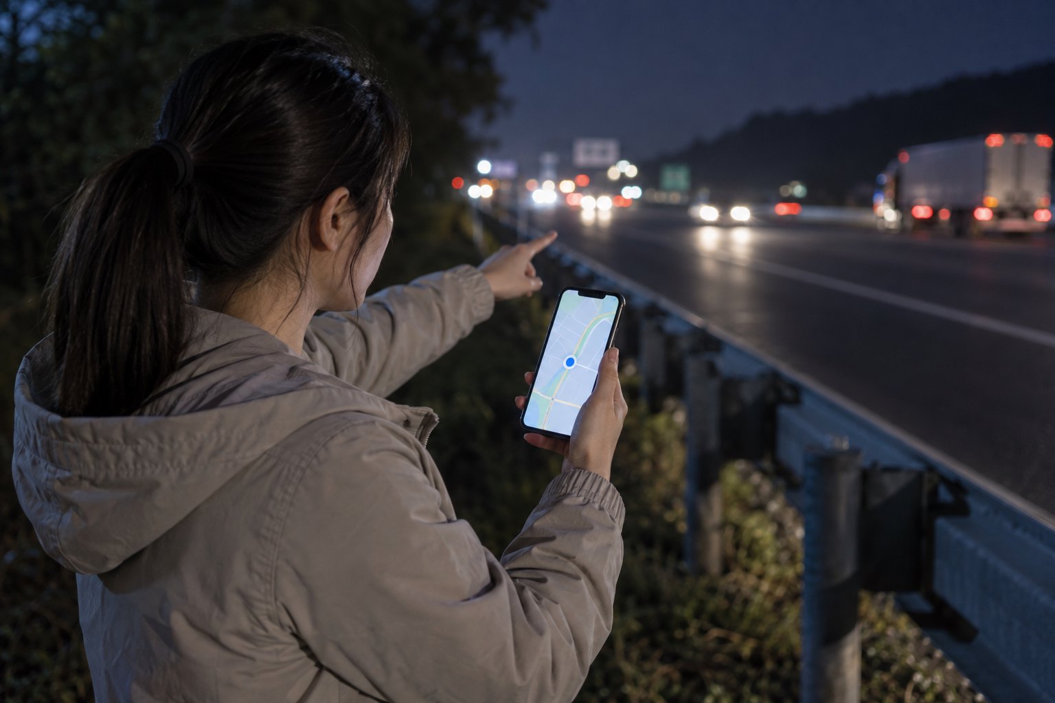 夜间高速公路旁,一名女子通过手机定位并向救援人员说明所在方向