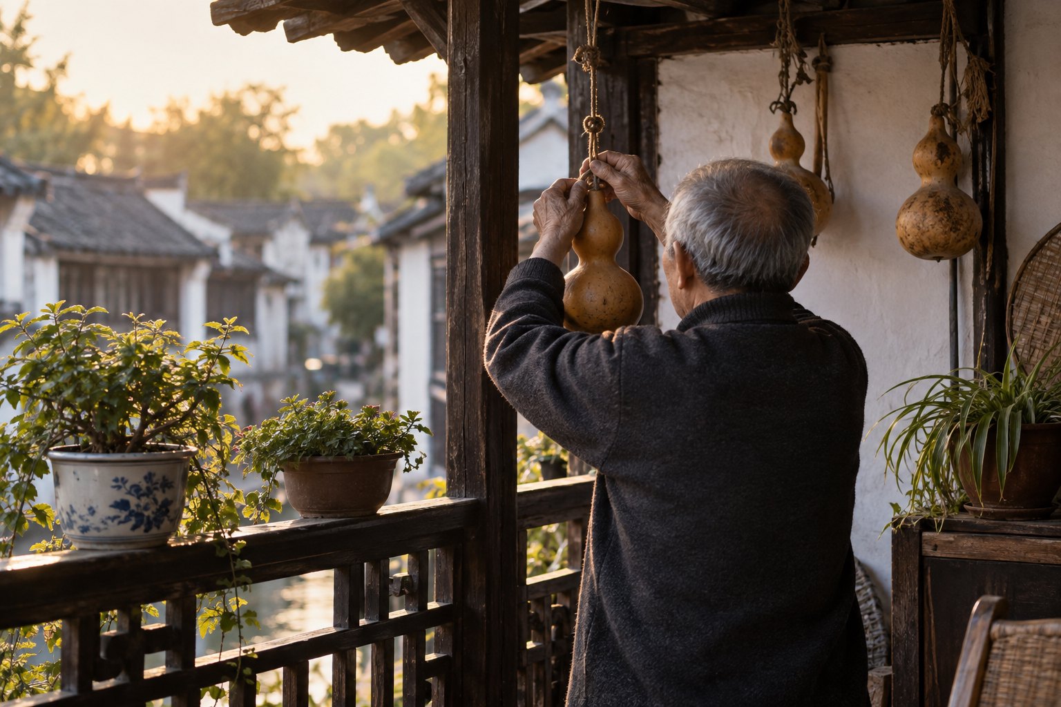 老人从背后检查阳台葫芦挂绳与固定位置的生活场景