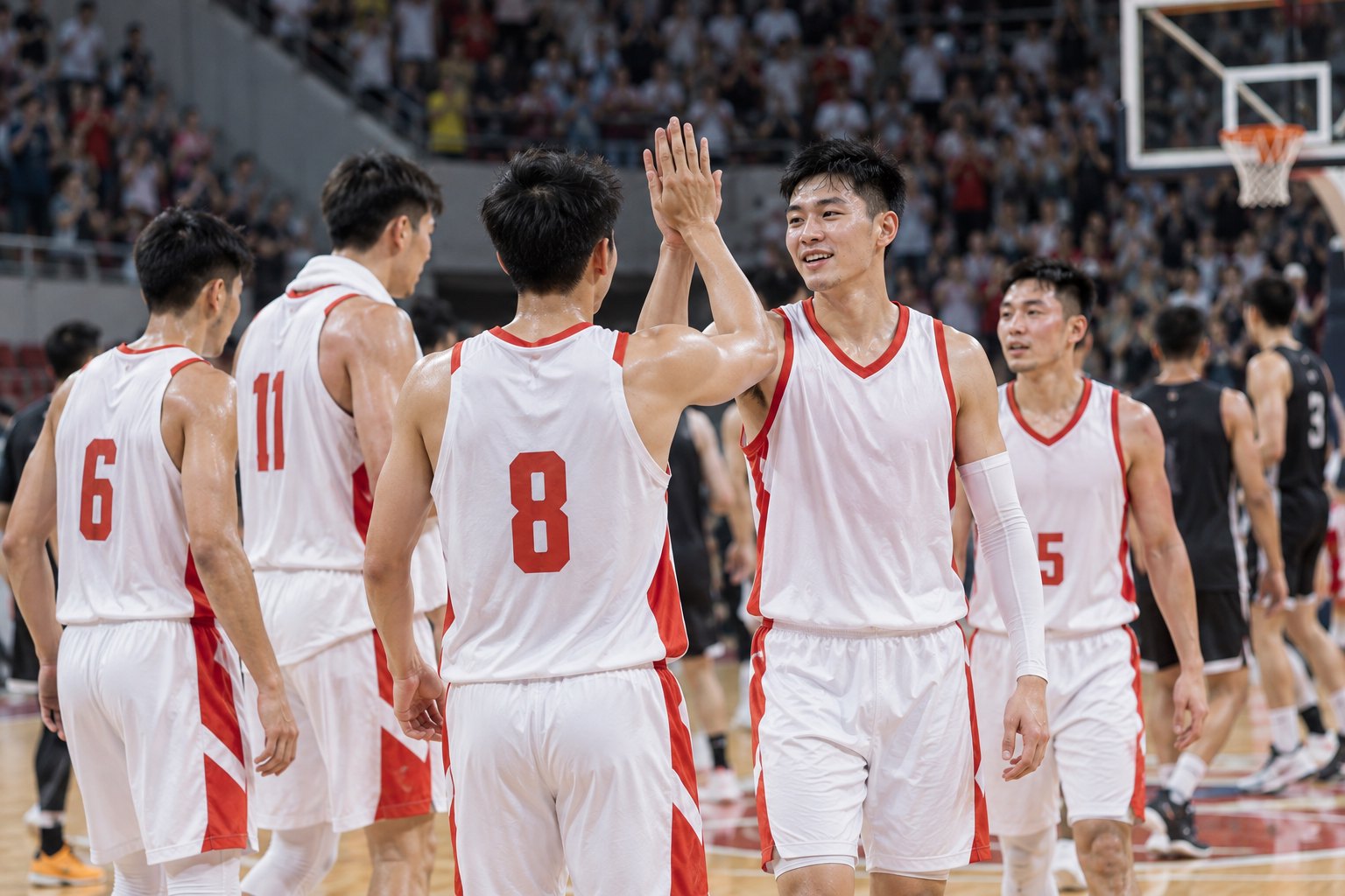 室内篮球馆中身穿红白队服的中国男子篮球运动员赛后击掌庆祝