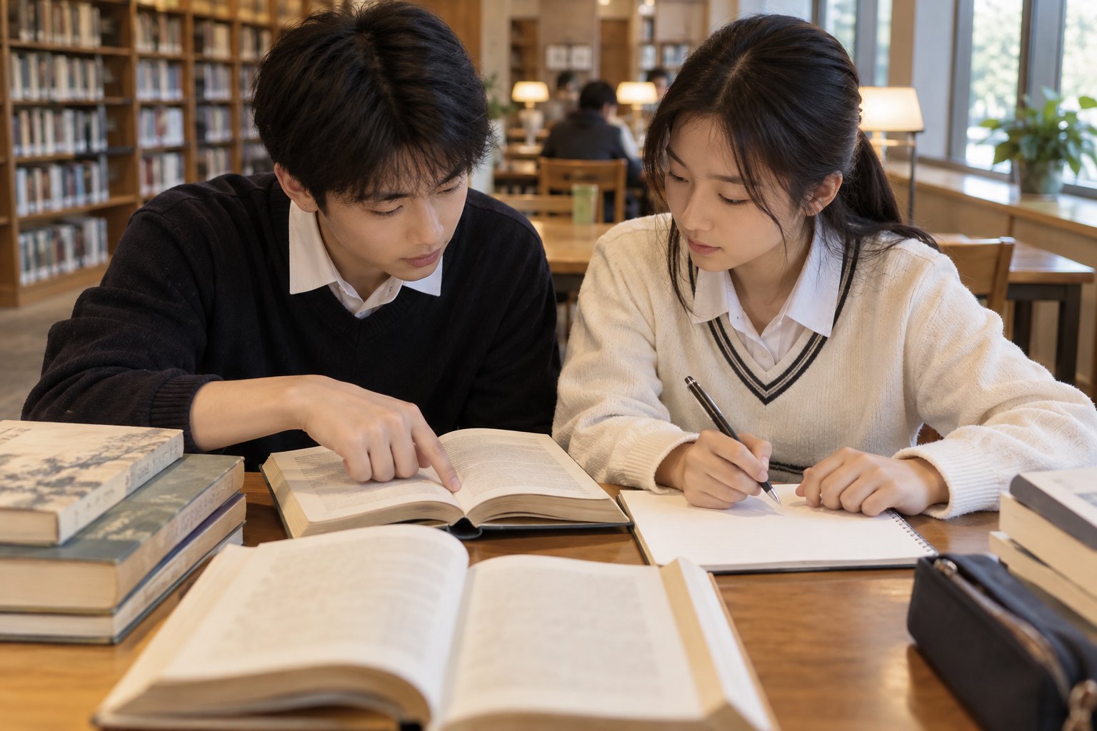 两名中学生在图书馆比较阅读书籍并整理笔记