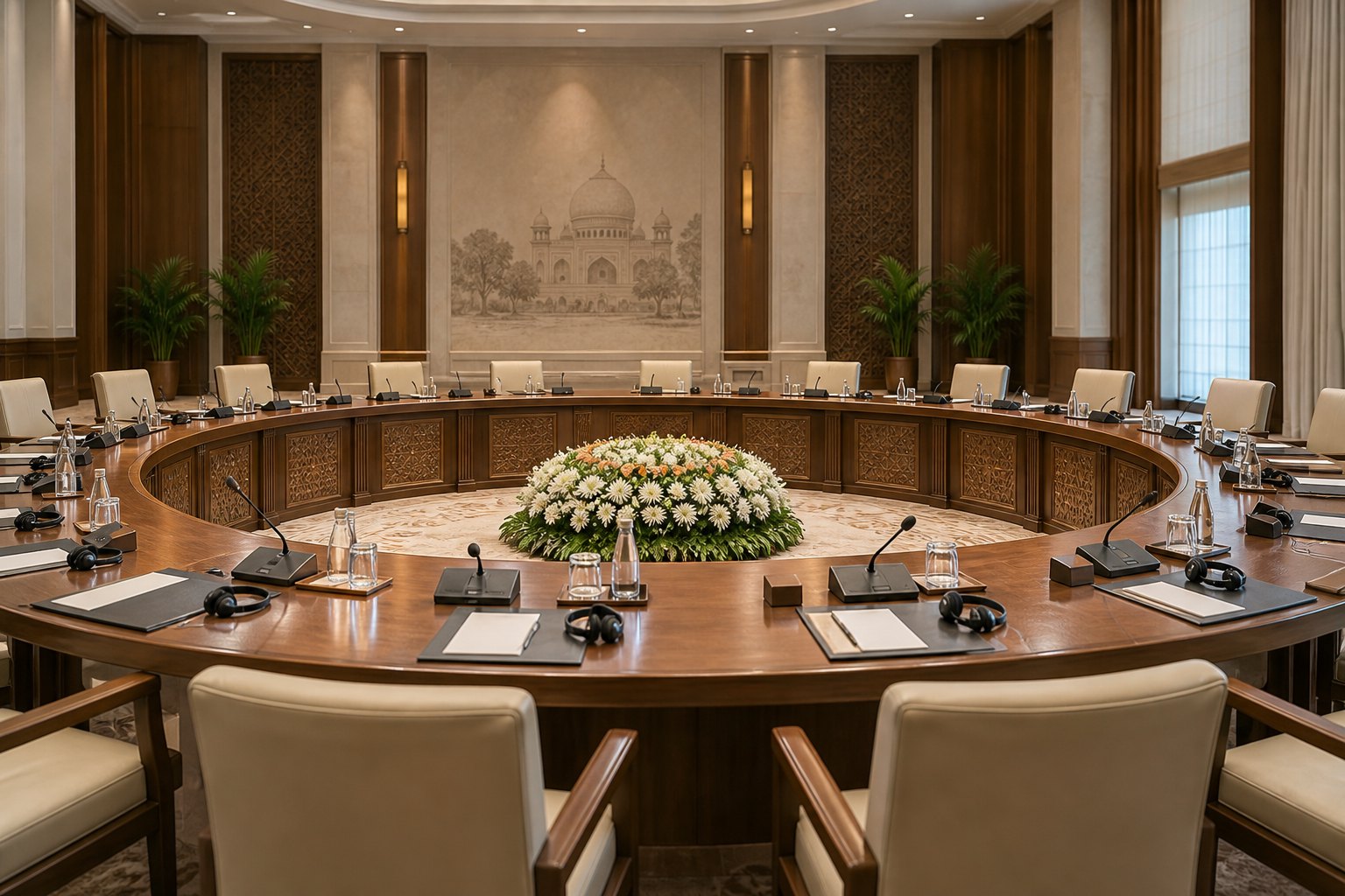 为多边会晤准备的圆形会议桌与翻译设备