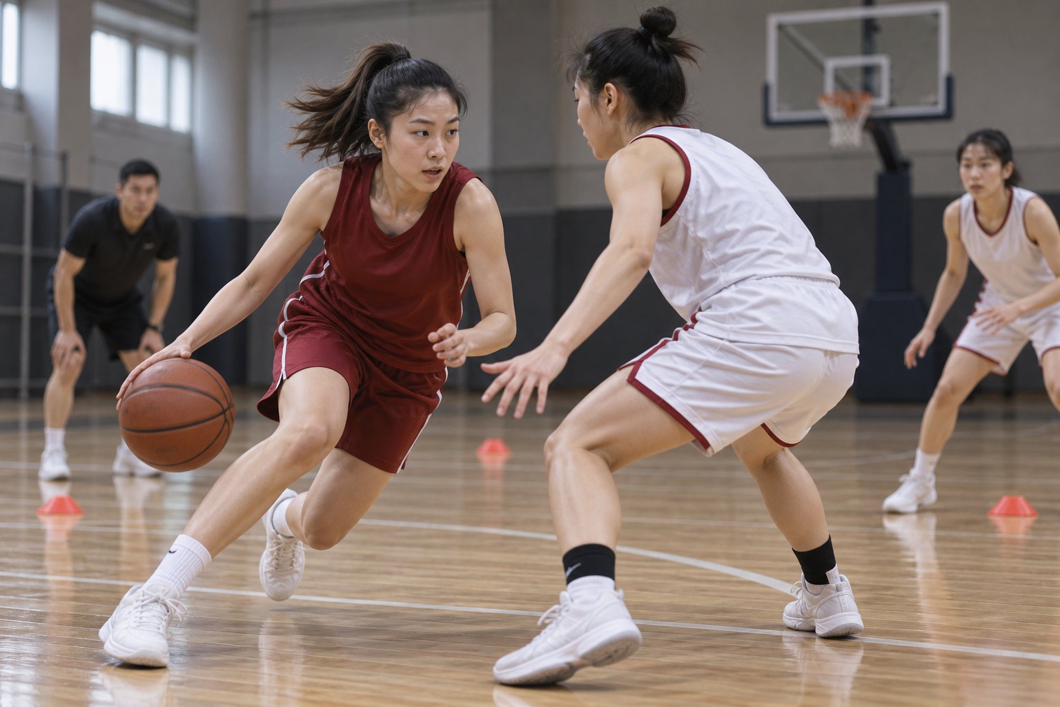 女子篮球后卫在防守压力下进行低重心控球突破训练