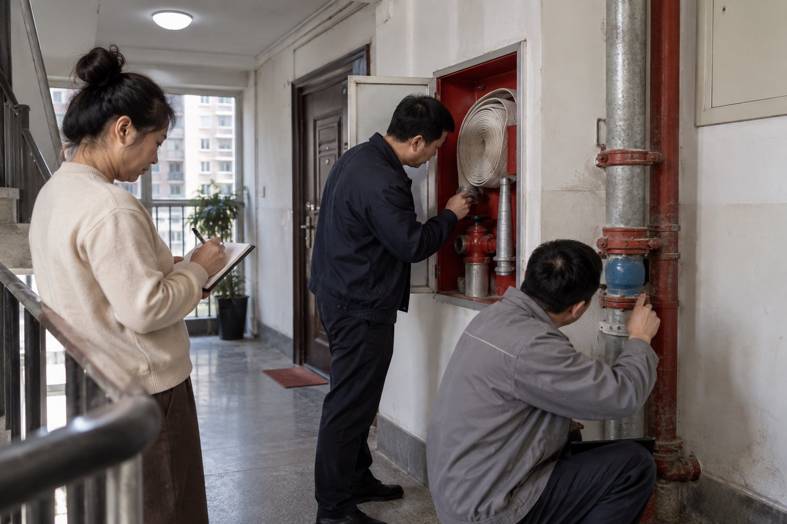 工作人员在住宅楼公共区域检查消防设施和供水管道