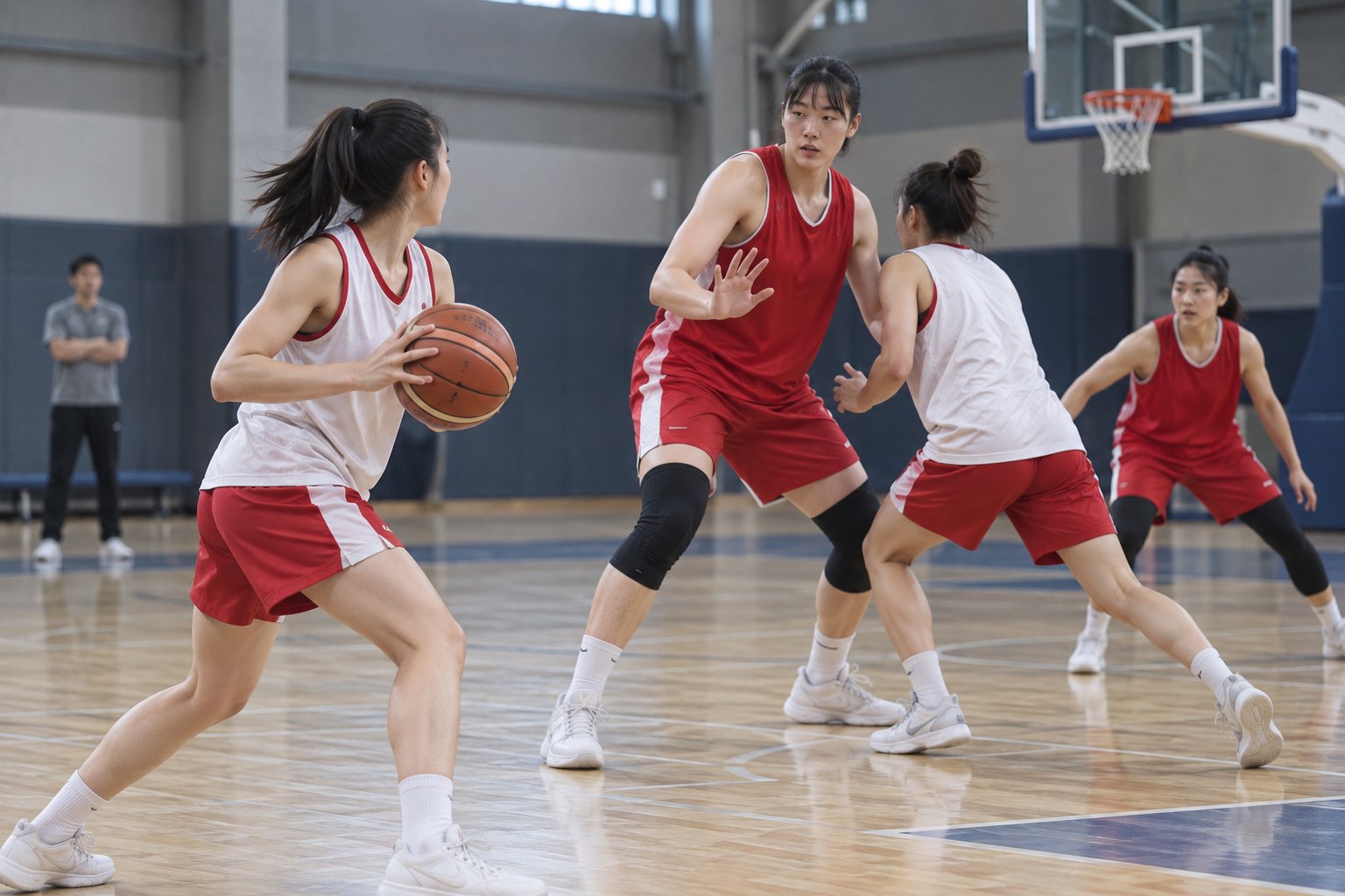 女子篮球运动员在训练中演练后卫与内线之间的挡拆配合