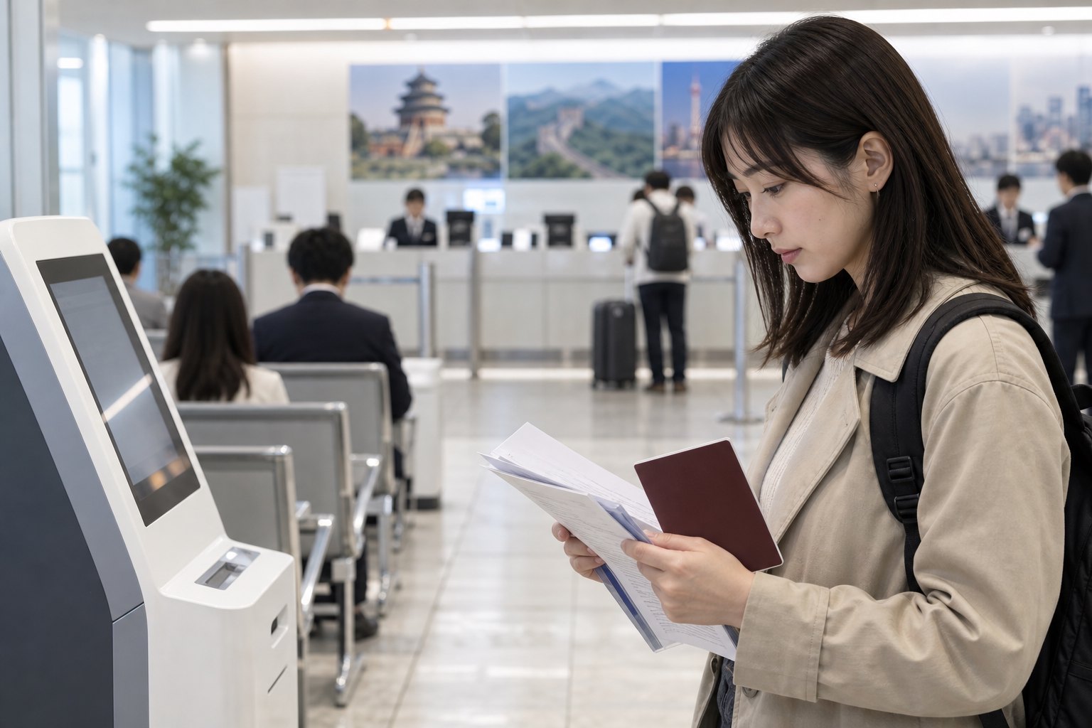 日本旅客在签证服务中心取号机旁核对护照和申请材料