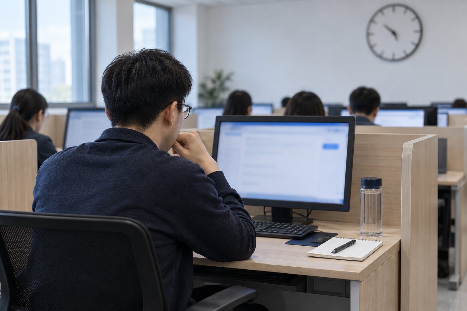 规范机考考场内,考生在电脑前专注审题并留意答题时间