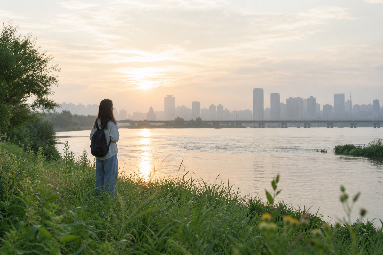 清晨一名年轻人站在城市河岸草地上眺望水面与远处楼宇