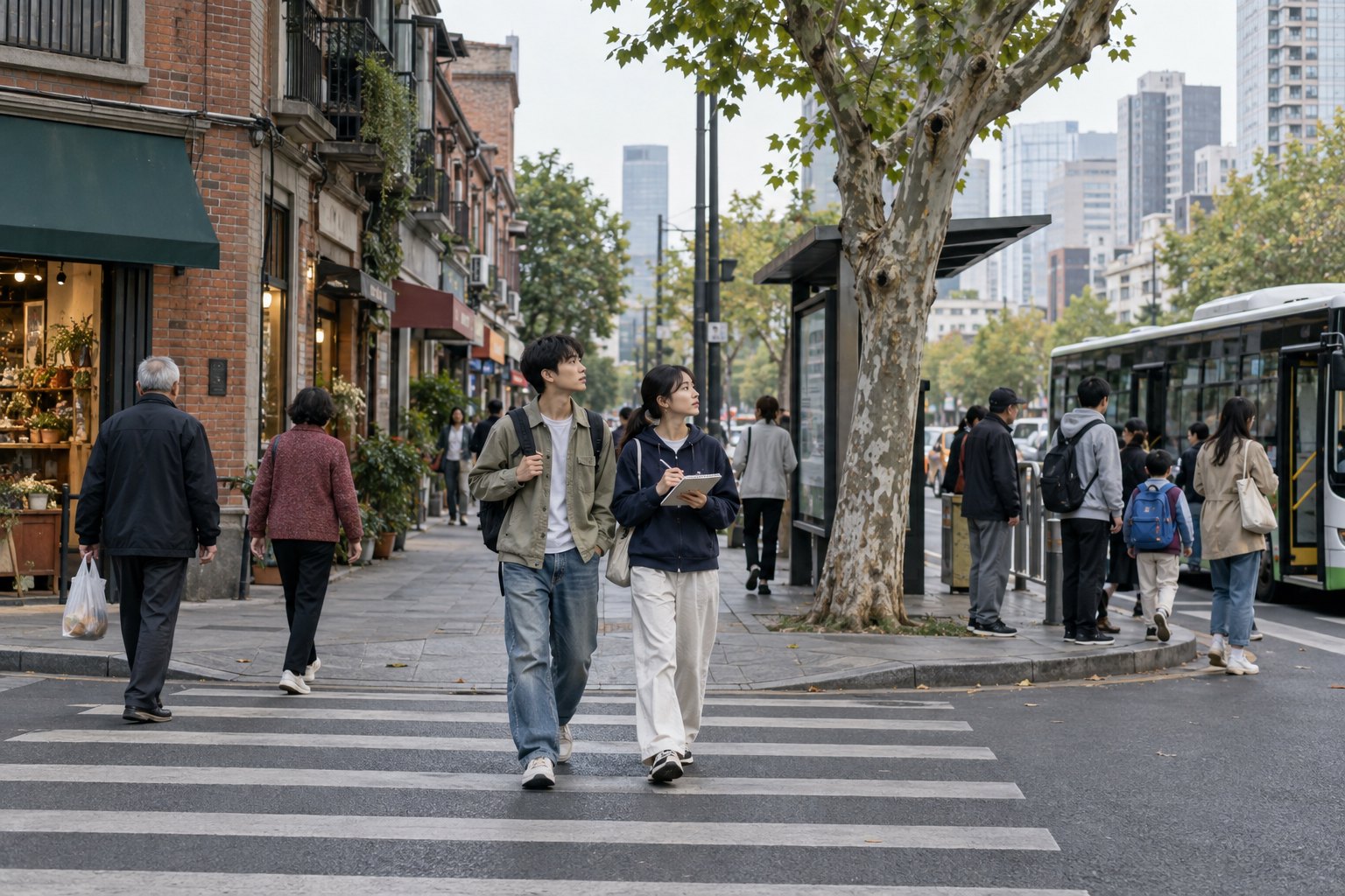 两名年轻人在城市街区步行观察公共生活