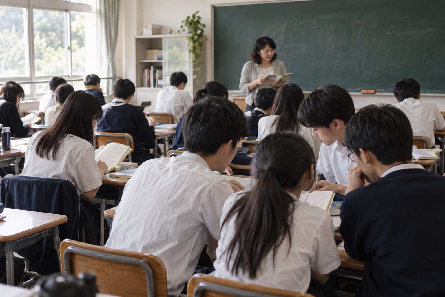 教师在中学课堂上带领学生阅读并讨论纸质材料