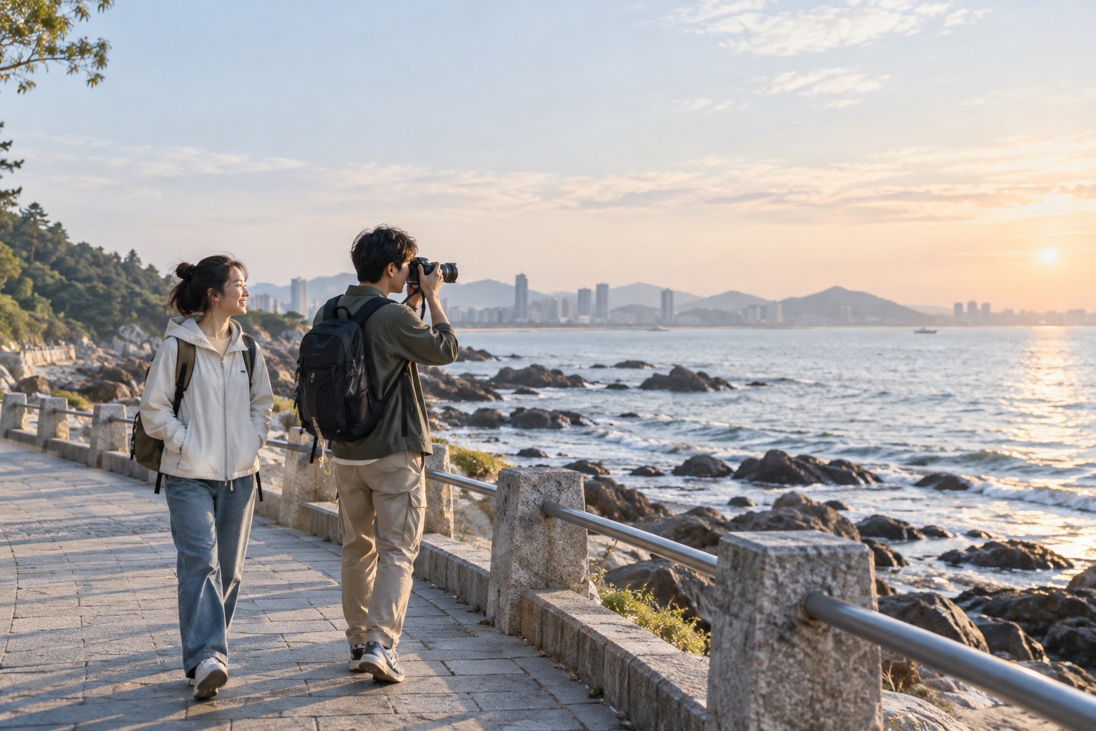 年轻旅行者在沿海步道享受轻松的假期时光