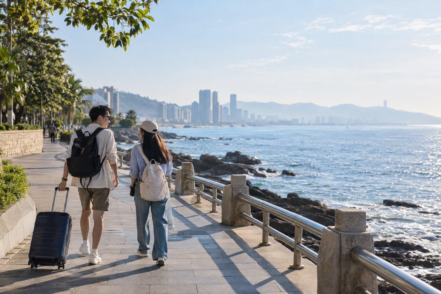 两名年轻旅行者拉着行李走在初秋海滨城市步道上