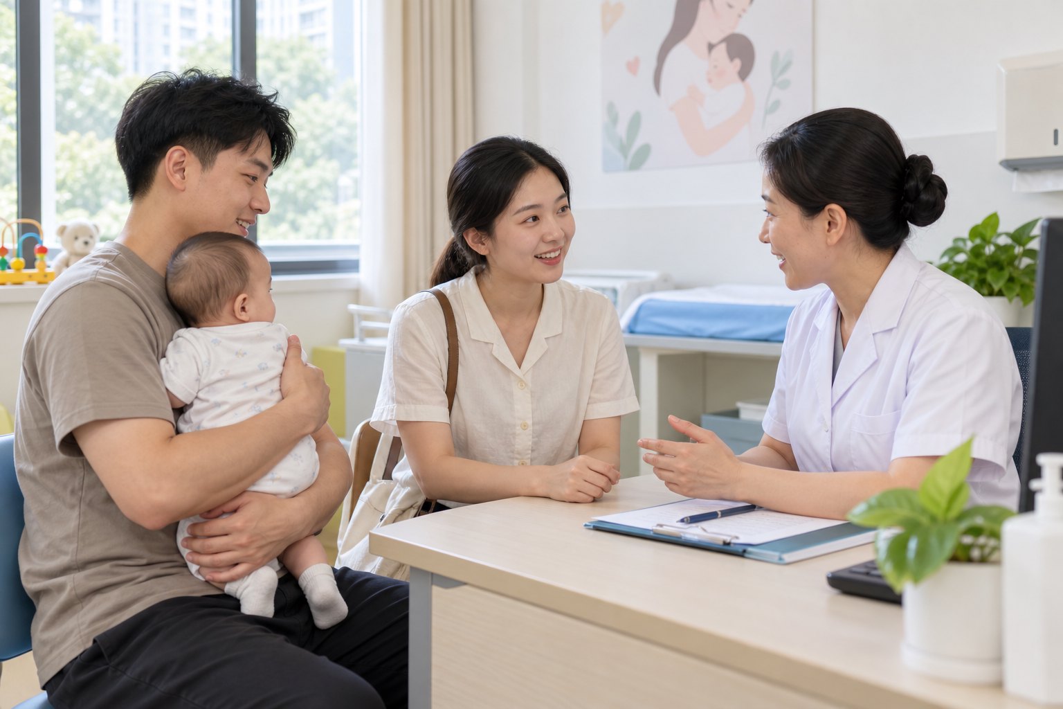 年轻父母带婴儿在社区妇幼健康服务场所咨询医护人员