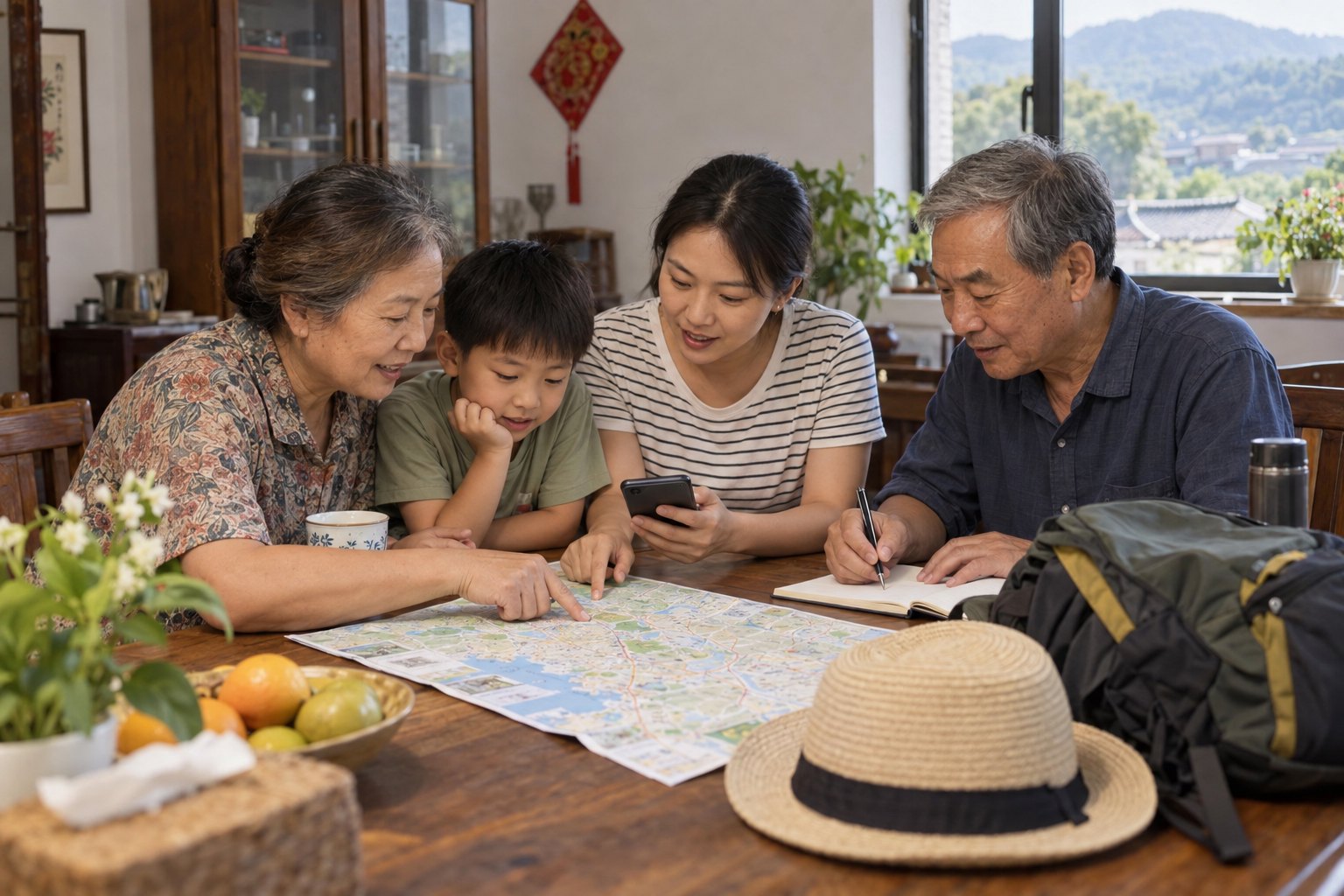 农村家庭在餐桌旁用地图和手机规划旅行预算