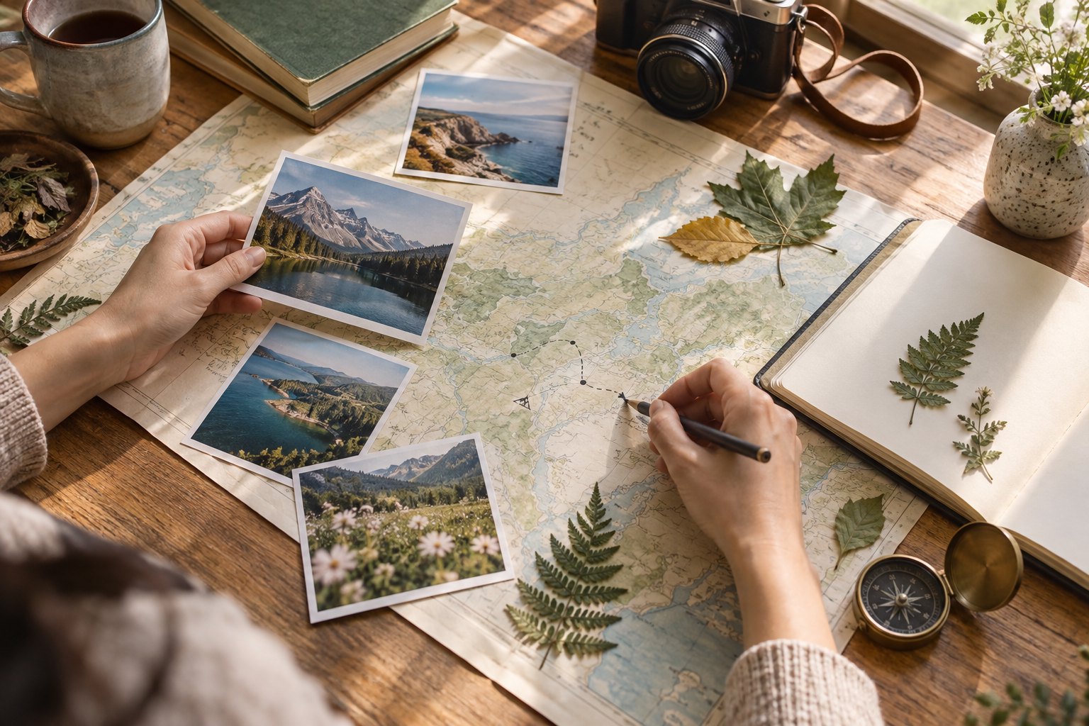 旅行者在木桌前整理地图、照片与自然标本