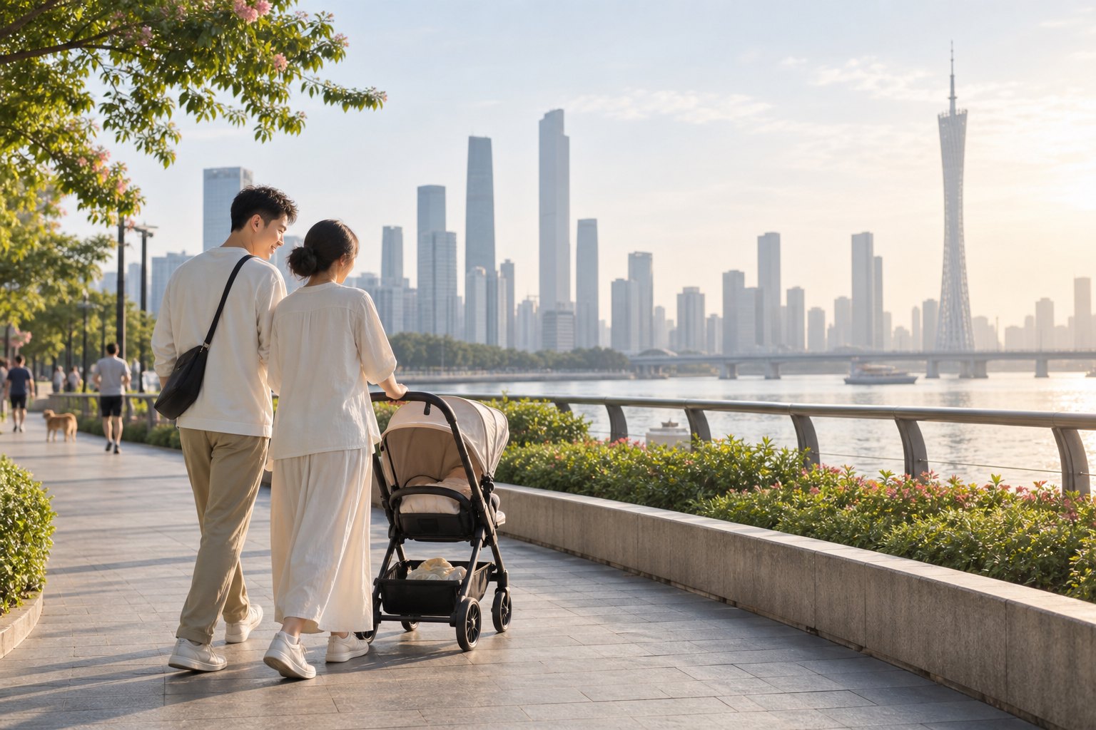 年轻父母推着婴儿车走在广东城市滨水步道上