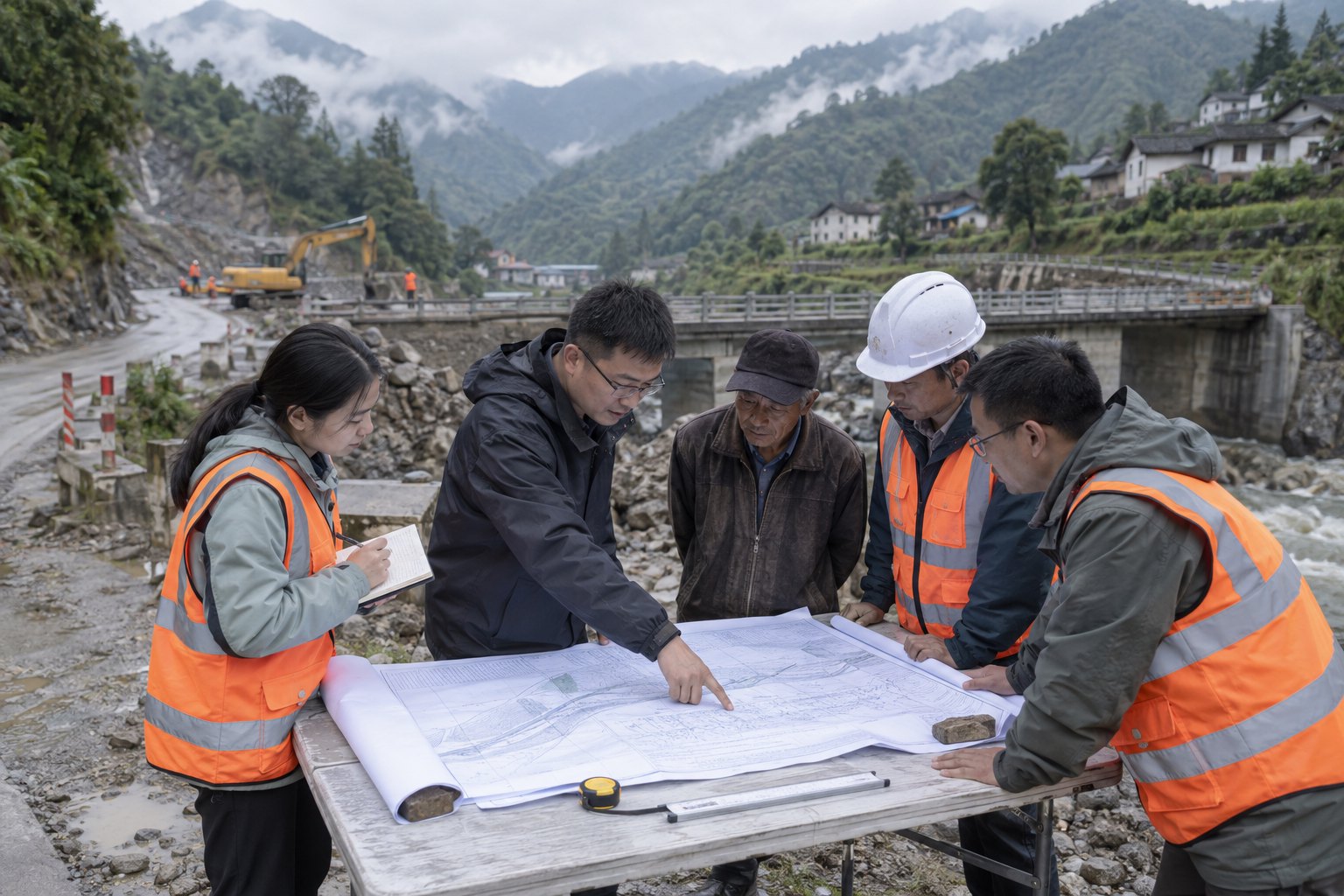 山村建设现场的工程人员与社区工作者围绕图纸核对方案
