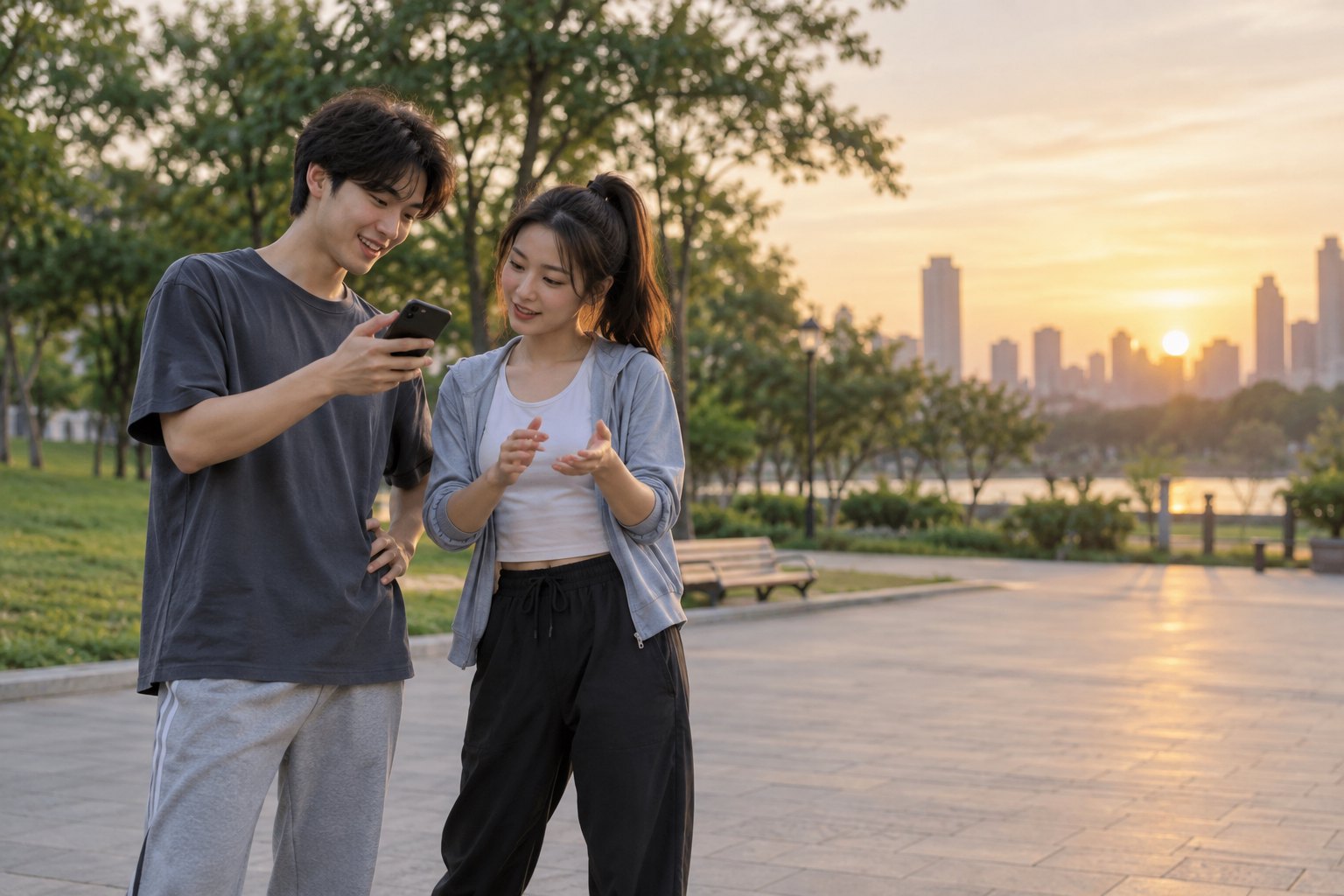 两名年轻人在傍晚公园回看手机中的舞蹈短视频并交流动作