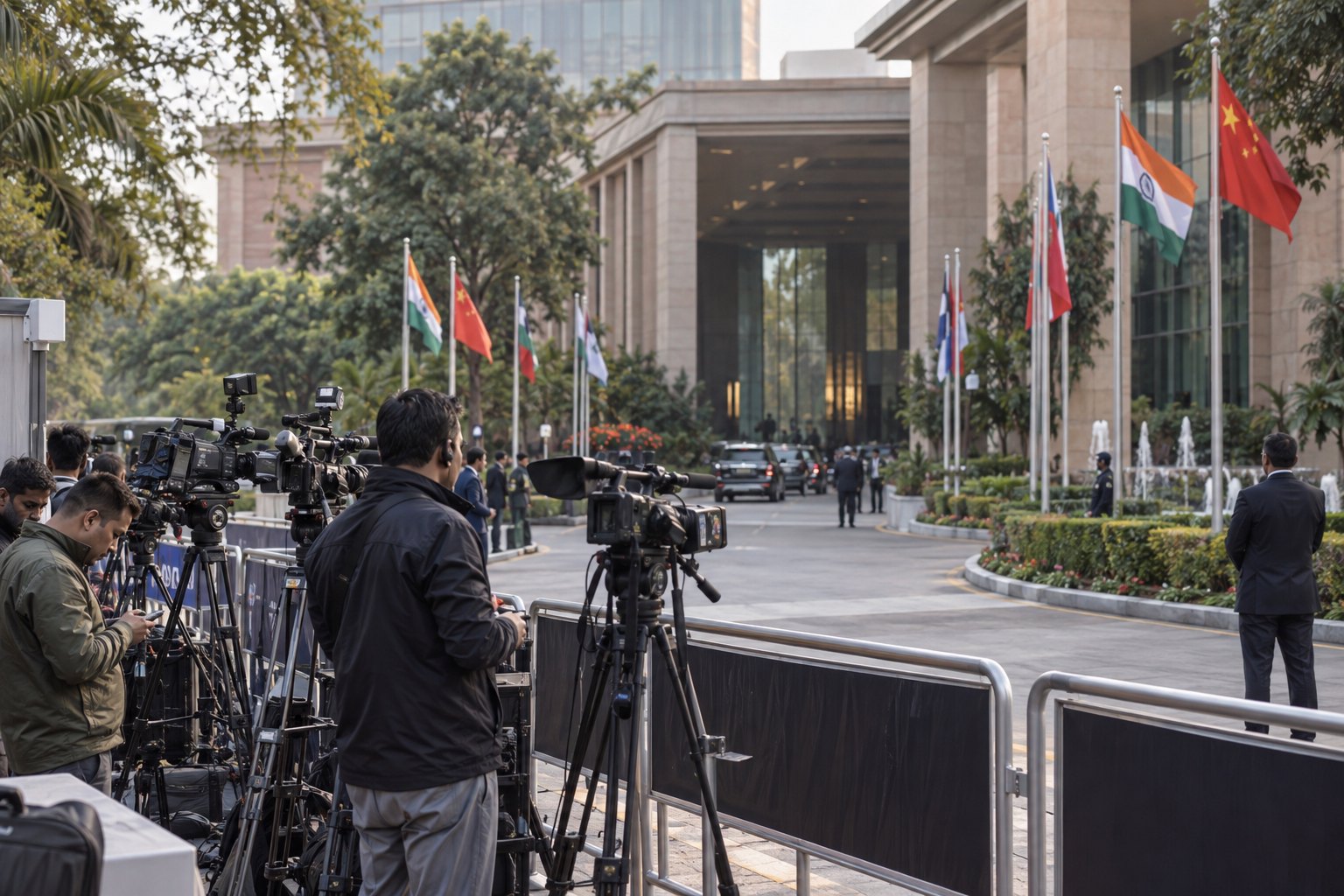新德里一处国际会议场馆外正在架设设备的媒体记者