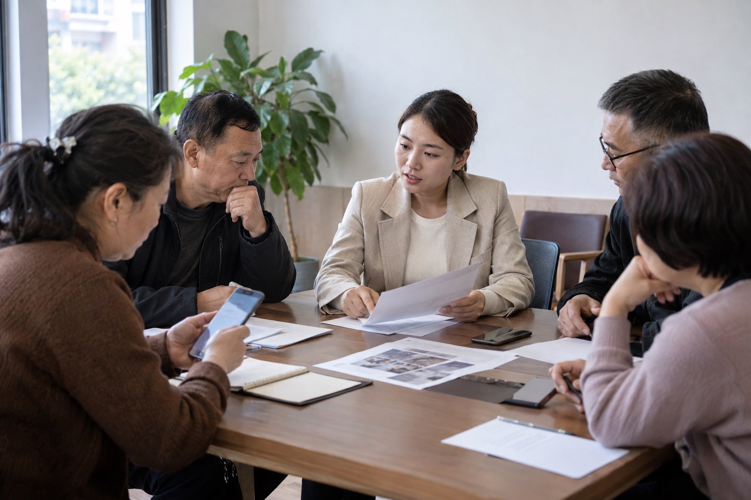 社区工作人员与居民围桌核对材料并沟通问题
