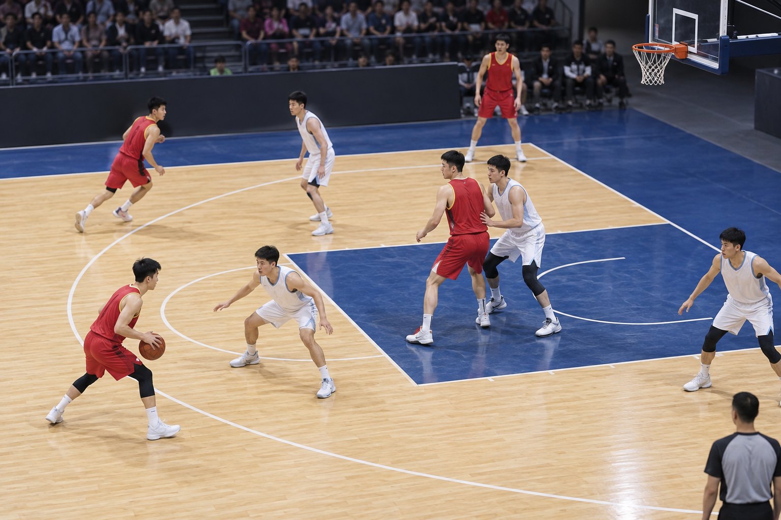 从看台视角观察红白两队球员进行半场阵地攻防