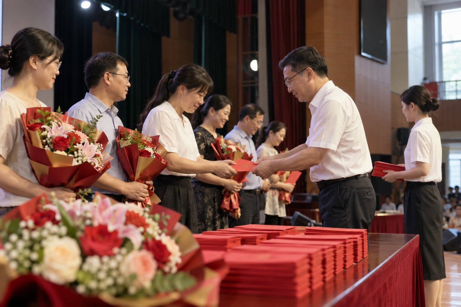 高中礼堂内多位教师手捧鲜花并领取红色奖励信封的纪实场景