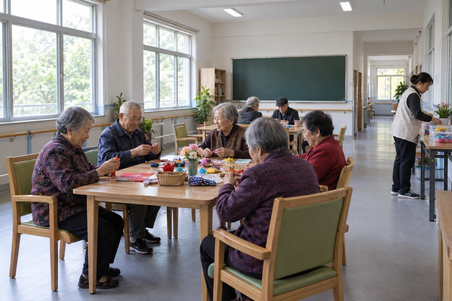 老人们在由旧教室改造的活动室内做手工并交流