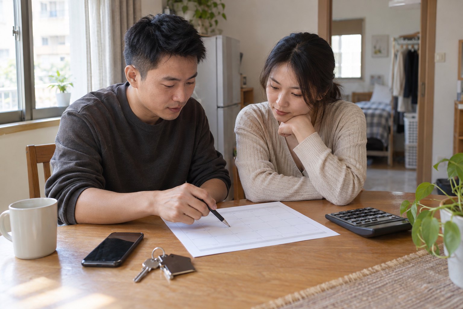 两位成年人在出租屋内共同核对租金延期安排