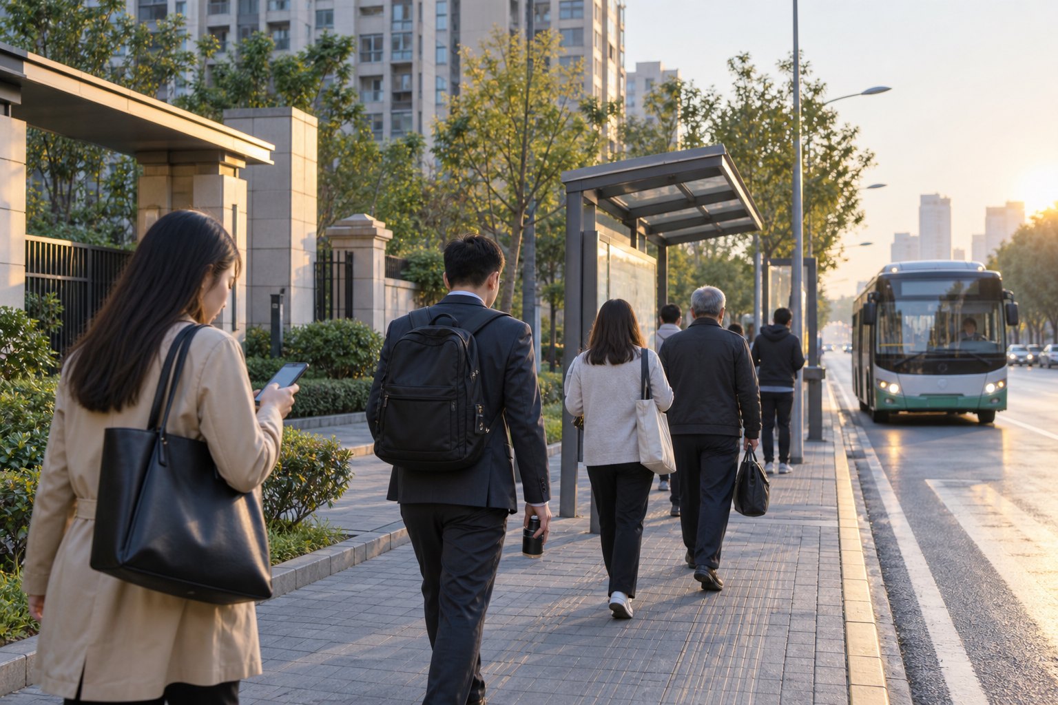 周日清晨上班族携带通勤包走向城市公交站