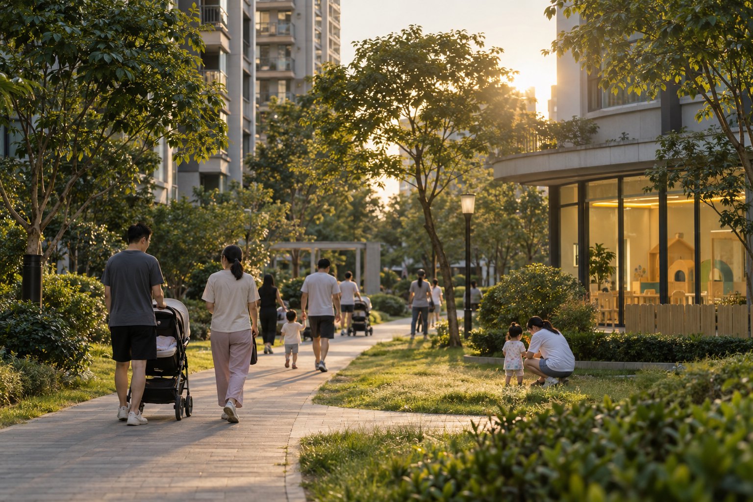 多个育儿家庭傍晚在广东城市社区绿荫步道活动