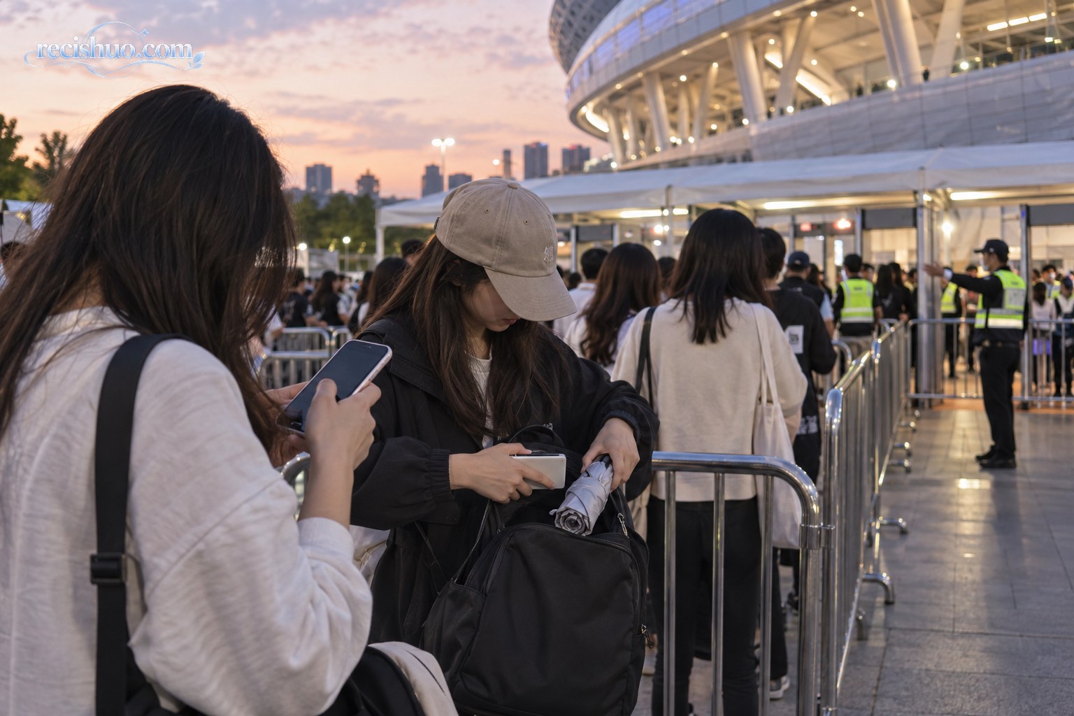 观众在演出场馆入口外整理随身物品并有序排队