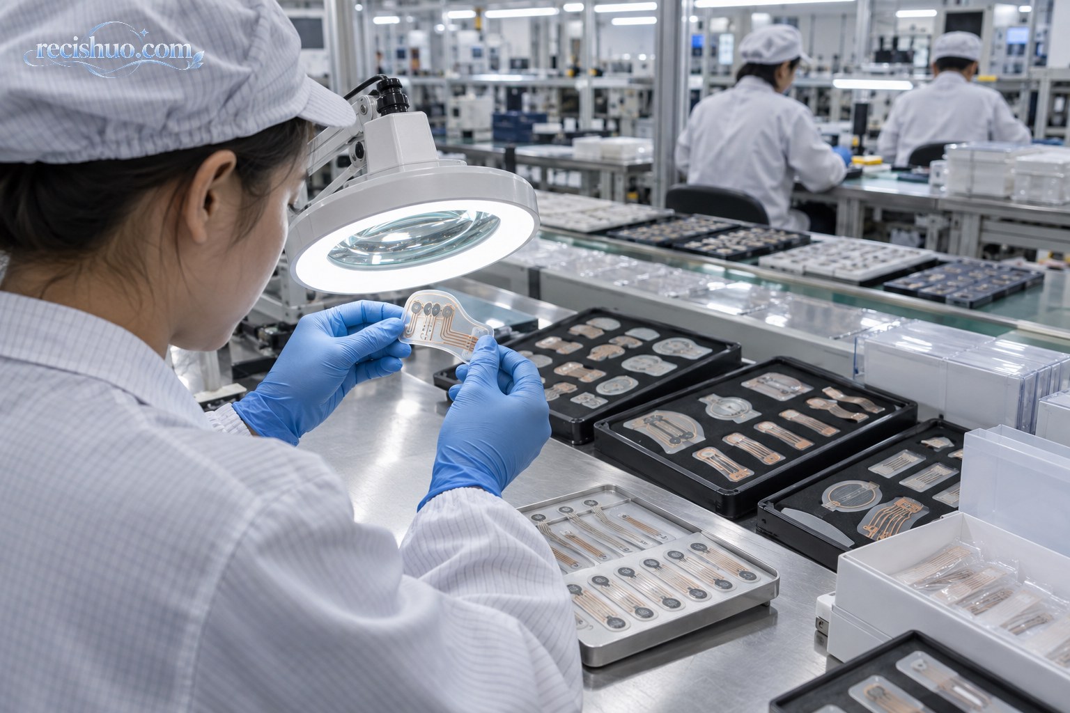 质检人员在生产线上检查不同形状的柔性电子皮肤组件