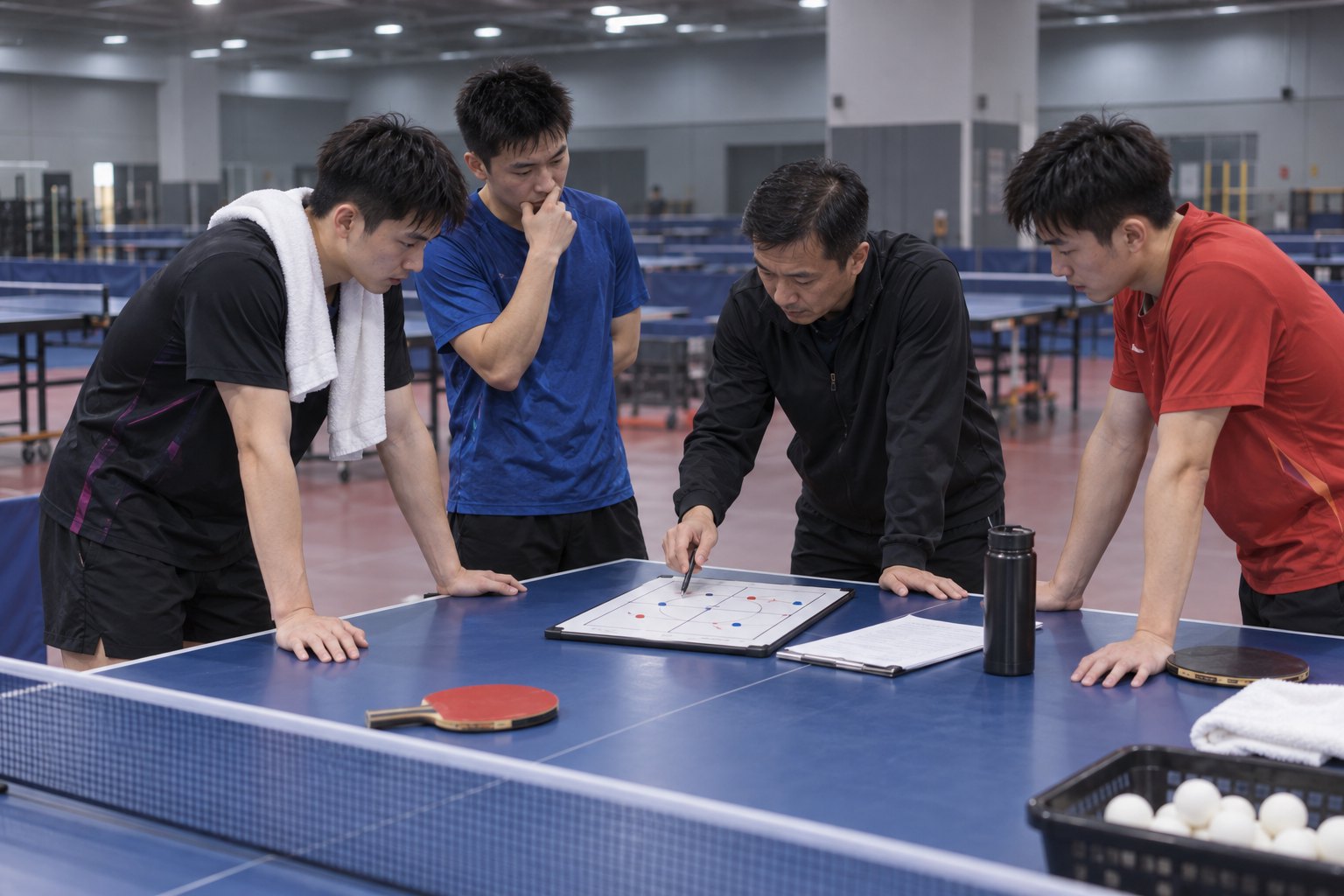 教练与三名乒乓球运动员在训练馆围绕战术板复盘