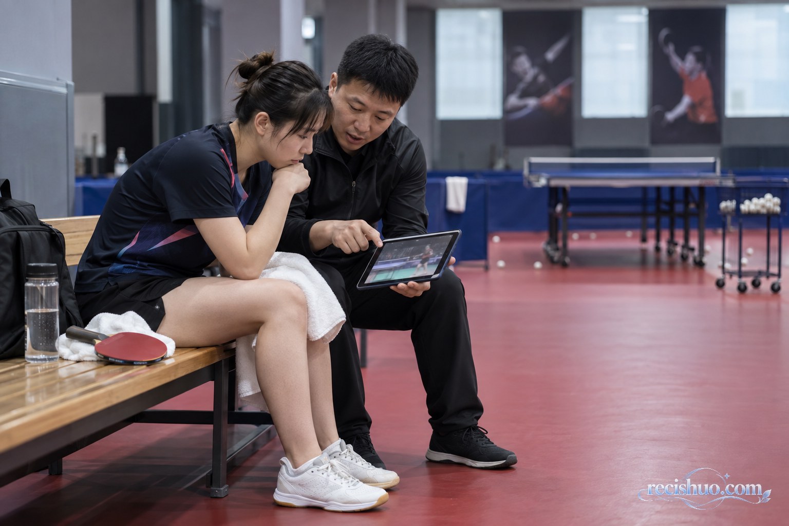 女子乒乓球运动员与教练在训练馆观看比赛录像复盘