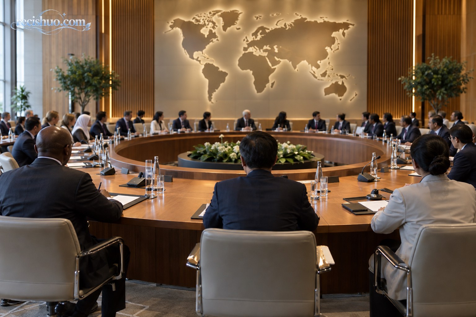 现代国际会议大厅内,多国代表围绕圆形会议桌交流,背景为抽象世界地图
