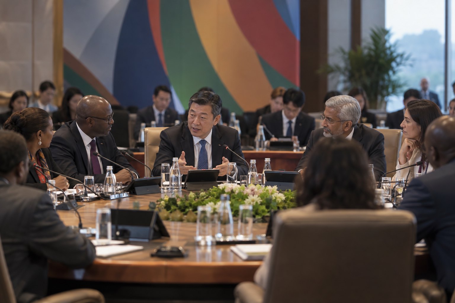 多国代表在现代国际会议厅围桌交流,中国与会者参与讨论