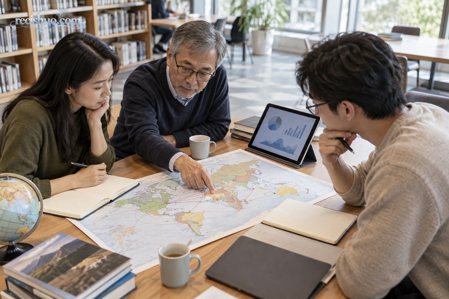 不同年龄的读者在公共阅览空间围绕世界地图讨论跨区域合作