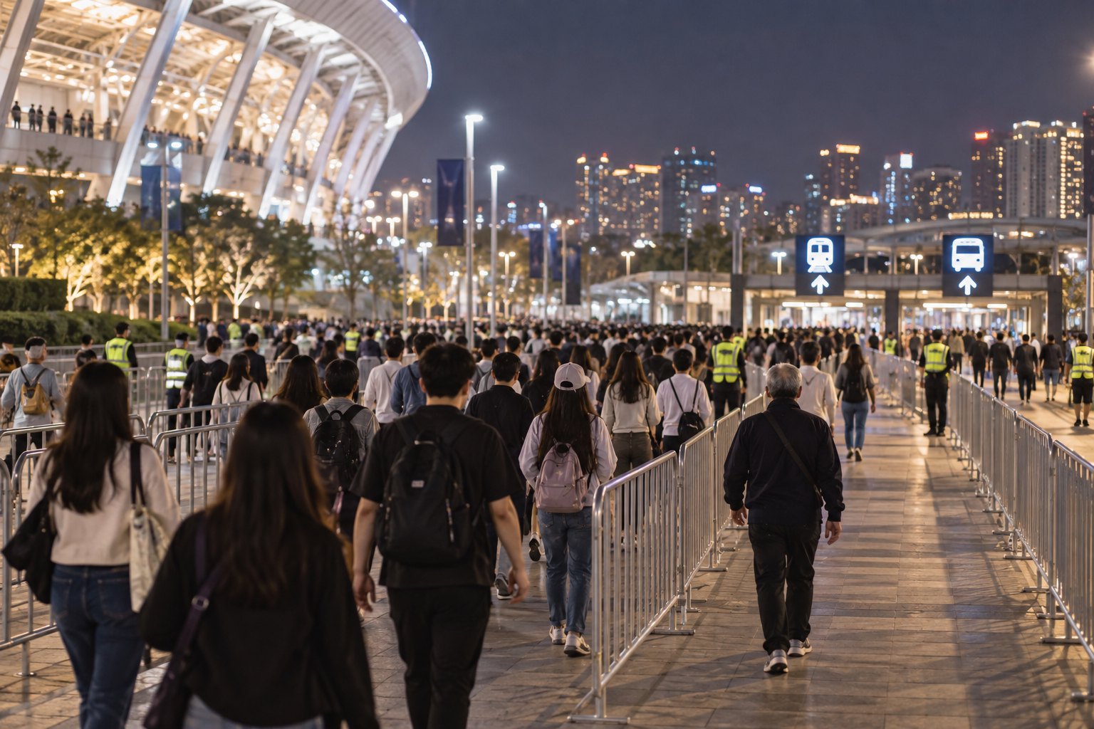 大型体育场外观众沿隔离栏有序前往公共交通入口